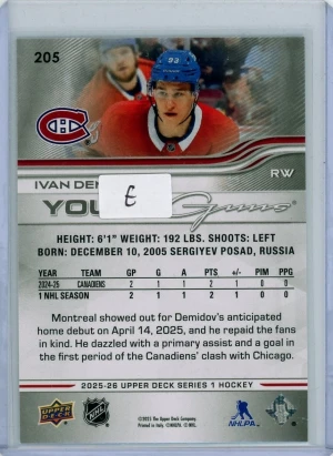 2025-26 Upper Deck Series One Young Guns Rookie #205 Ivan Demidov back