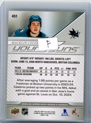 2024-25 Upper Deck Series Two Young Guns #451 Macklin Celebrini back