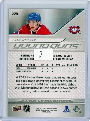 2024-25 Upper Deck Series One Young Guns Rookie #229 Lane Hutson back