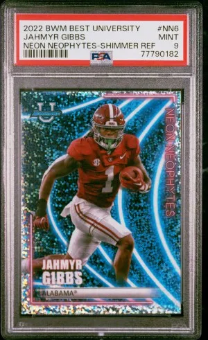 2022 Bowman's Best University Neon Neophytes Jahmyr Gibbs Neon Neophytes-Speckle Ref front
