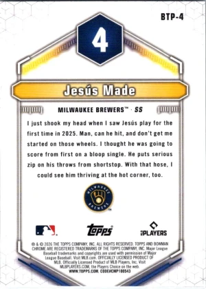 2026 Bowman #BTP-4 Jesús Made Bowman Scouts' Top 100 back