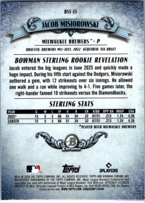 2026 Bowman #BST-13 Jacob Misiorowski Bowman Sterling back