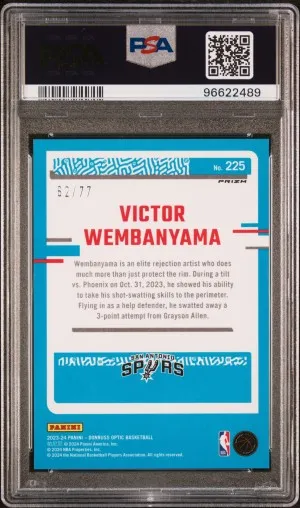 2023 Panini Optic Victor Wembanyama #225 Green Glitter /77 PSA 10 POP 14 back