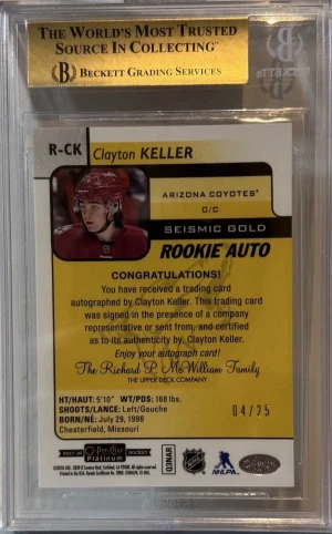Clayton Keller Seismic Gold Rookie Auto /25 back