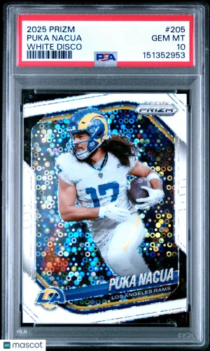 2025 Prizm Puka Nacua #205 White Disco *** PSA 10***  Low Pop 2 front