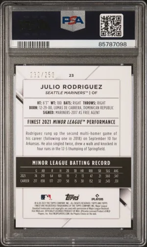 2022 Topps Finest Julio Rodriguez Blue/Aq.vapor Refractor /250 RC PSA 10 back