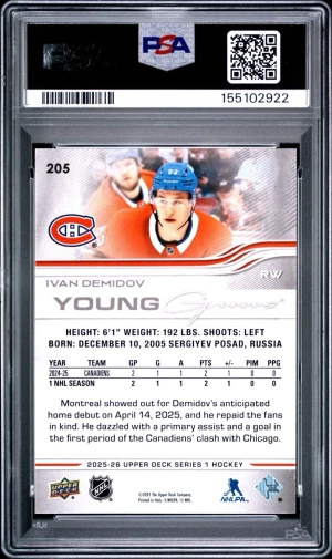 2025-26 Upper Deck Young Guns Ivan Demidov #205 PSA 10 Rookie back