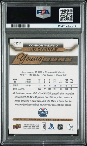 2015-16 Upper Deck Canvas Young Guns Rookie Connor McDavid C211 PSA 10 back