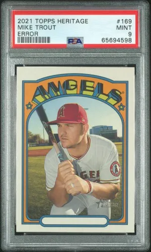 SALE! 2021 Topps Heritage Mike Trout – Error Variation "No Name" #169 | PSA 9 MINT | Los Angeles Angels front