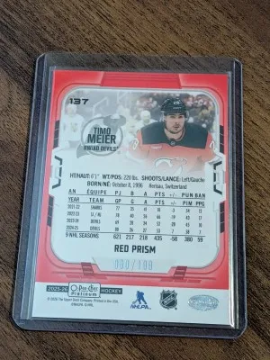 Timo Meier Red Prism /199 2025-26 OPC Platinum O-pee-chee back