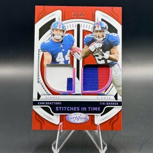 Cam Skattebo & Tiki Barber 2025 Panini Certified Stitches In Time Dual Patch /25 front