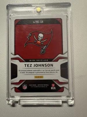 Panini 2025 Certified Tez JohnsonBuccaneers Rookie Patch Auto FBC-TJN back