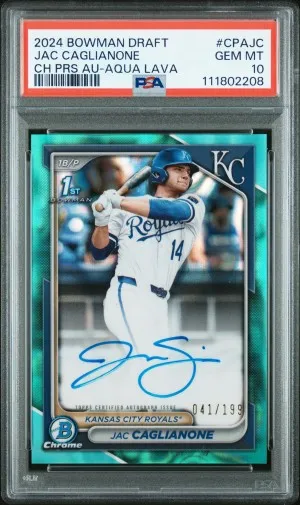 2024 Bowman Draft Chrome Prospect Autographs Jac Caglianone Ch Prs Au-Aqua Lava front