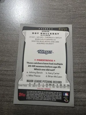 2009 Finest Roy Halladay Gold Refractor /50 back
