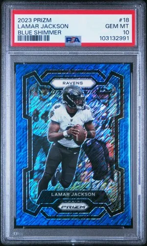 2023 Panini Prizm Lamar Jackson Blue Shimmer /25 PSA 10 front