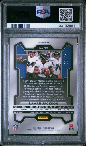 2023 Panini Prizm Lamar Jackson Blue Shimmer /25 PSA 10 back