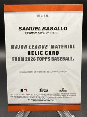 Samuel Basallo (Orioles) 2026 Topps Series 1 Major League Material Patch RC #MLM-BAS back
