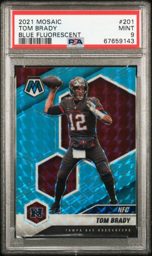 2021 Panini Mosaic Tom Brady Blue Fluorescent PSA 9 front