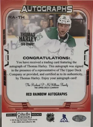 Thomas Harley O-Pee-Chee Red Rainbow Autographs back