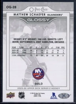 2025 UPPER DECK #OG-28 MATTHEW SCHAEFER O-PEE-CHEE GLOSSY ROOKIE RC GOLD back