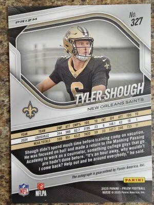 2025 Panini Prizm Football Tyler Shough Saints #327 Rookie Autograph RC back