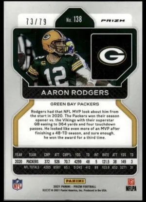 #138 Aaron Rodgers 2021 Panini Prizm - No Huddle Blue #/79 back