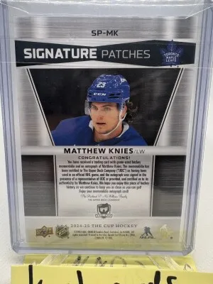 2024-25 The Cup Matthew Knies Signature Patch Auto /99 Maple Leafs SP Patch Auto back