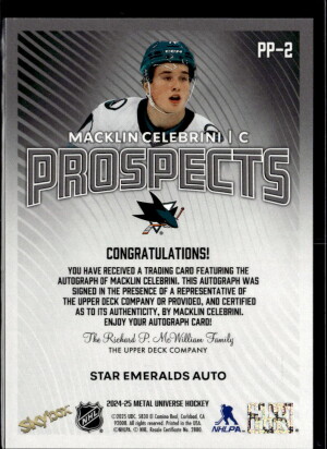 24/25 METAL UNIVERSE STAR EMERALDS AUTOGRAPH #PP-2 MACKLIN CELEBRINI RC (19/25) back