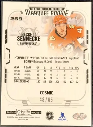 2025-26 OPC Platinum Beckett Sennecke Cosmic Rookie /65 back