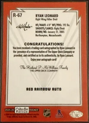 2025-26 OPC Platinum Ryan Leonard Red Rainbow Auto back
