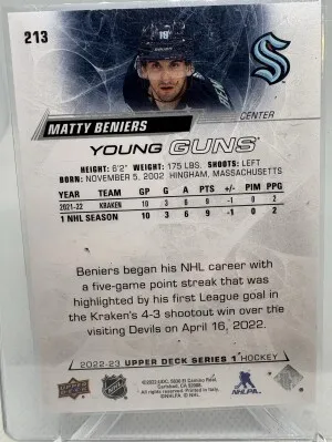 2022 UPPER DECK #213 MATTY BENIERS YOUNG GUNS RC ROOKIE back