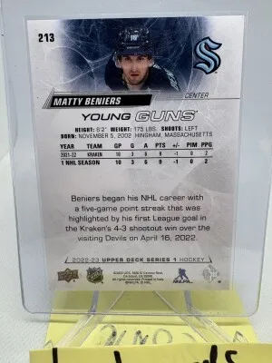 2022 UPPER DECK #213 MATTY BENIERS YOUNG GUNS RC ROOKIE back