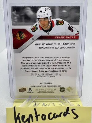 24-25 Upper Deck NHL Star Rookies Box Set Frank Nazar Rookie Auto back