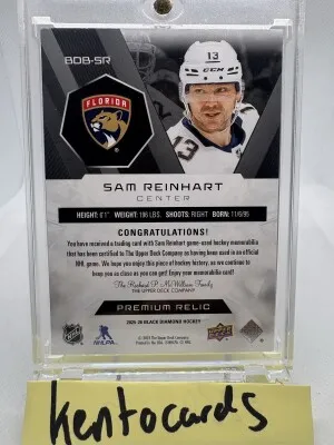 Sam Reinhart 2025-26 UD Black Diamond #BDB-SR Premium Relic 3 CLR Patch /49 back