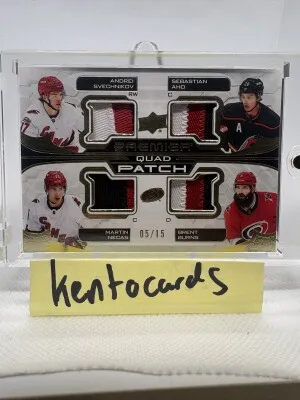 2022-23 UD Premier Hockey Quad Patch /15 Card Burns Aho Svechnikov HURRICANES front