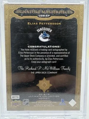 2018 ULTIMATE COLLECTION ELIAS PETTERSSON SIGNATURE MASTERPIECES GOLD AUTO ROOKIE back