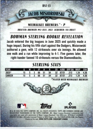 2026 Bowman #BST-13 Jacob Misiorowski Bowman Sterling Mojo Refractors back