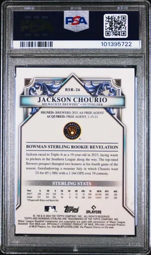 Jackson Chourio 2024 Bowman Sterling #BSR26 Speckle Refractor /99 RC PSA9 MINT back
