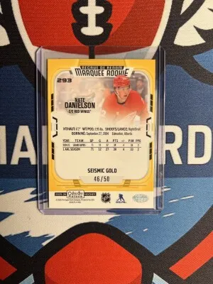 2025-26 Opeechee Platinum Marquee Rookie Seismic Gold /50 Nate Danielson back