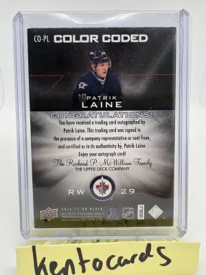 2016-17 UD Black - Color Coded Signatures Patrik Laine #CO-PL /49 (AU, RC) back