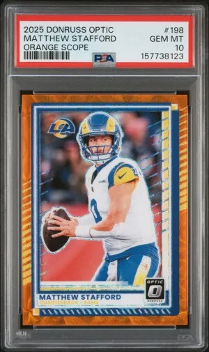 2025 Panini Donruss Optic Matthew Stafford Orange Scope /79 PSA 10 front
