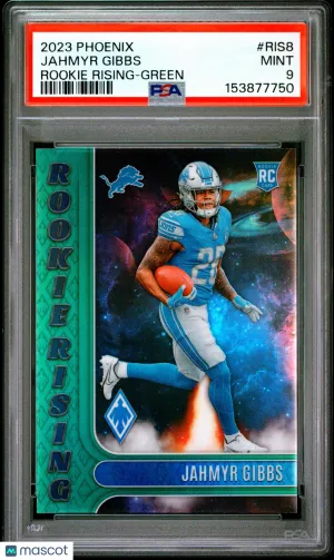 2023 Panini Phoenix Rookie Rising Jahmyr Gibbs #RIS8 Green 24/25 PSA 9 front