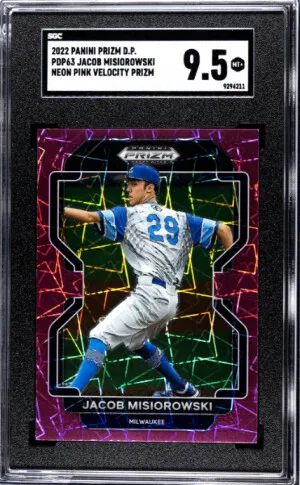 2022 PANINI PRIZM DRAFT PICKS, #PDP63 JACOB MISIOROWSKI NEON PINK VELOCITY PRIZM SGC 9.5 ** LOW POP2, HIGHER 0 front