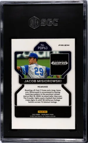 2022 PANINI PRIZM DRAFT PICKS, #PDP63 JACOB MISIOROWSKI NEON PINK VELOCITY PRIZM SGC 9.5 ** LOW POP2, HIGHER 0 back