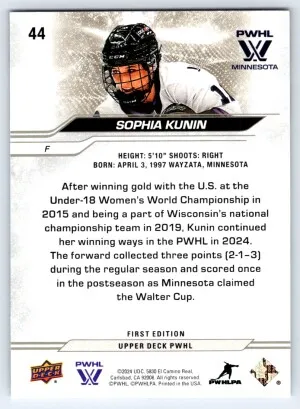 2024 Upper Deck PWHL First Edition Sophia Kunin #44 back