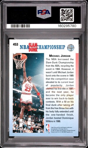 1992 Upper Deck Michael Jordan #453 Correct, Champ. In 87 & 88 PSA 9 back