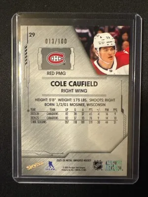 2025-26 Skybox Metal Universe Cole Caufield Precious Metal Gems /100 back
