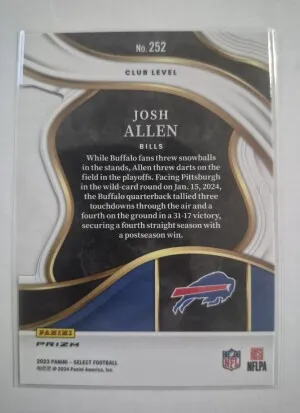 2023 Select Josh Allen Club Level Zebra Prizm Die-Cut back