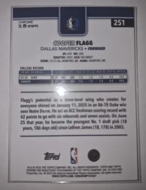 2025-26 Topps Chrome Cooper Flagg Refractor Rookie #251 Mavericks back