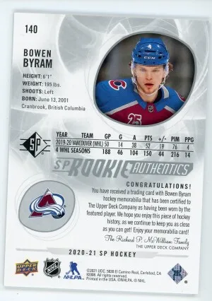 2020-21 SP #140 Bowen Byram Rookie Jersey back